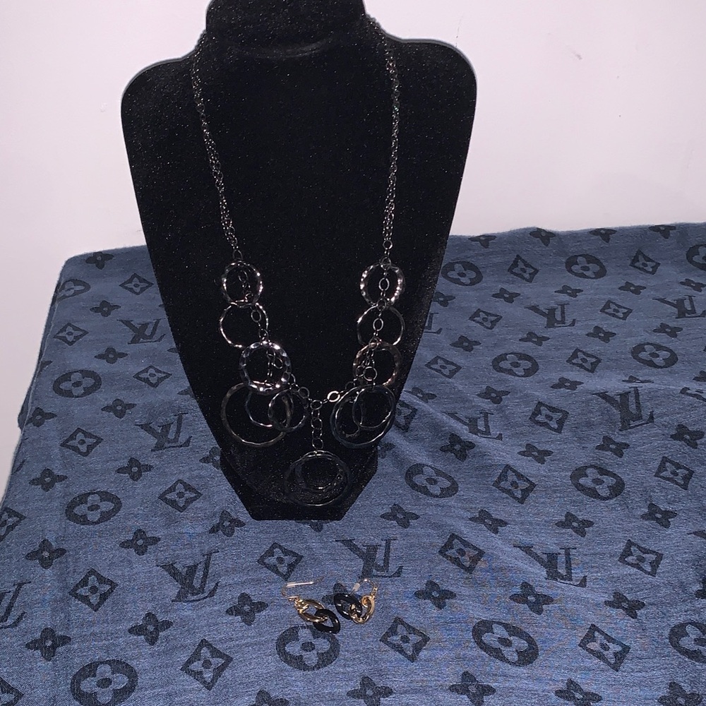 Elegant Black Chain Necklace and Earring (black and gold tone) Set